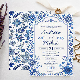 Blue and White Floral Elegant Botanical Classic Inbjudningar