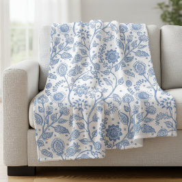 Blue and White Floral Pattern Botanical Boho Chic Fleecefilt