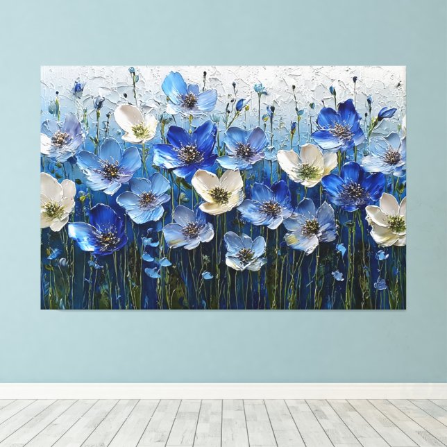 Blue and White Floral Textured Painting – Abstract Canvastryck (Insitu (trägolv))