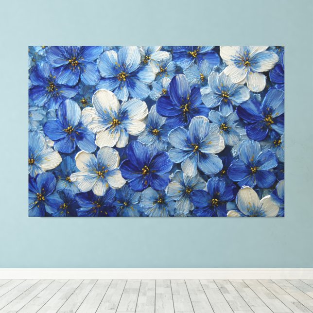 Blue and White Floral Textured Painting – Abstract Canvastryck (Insitu (trägolv))