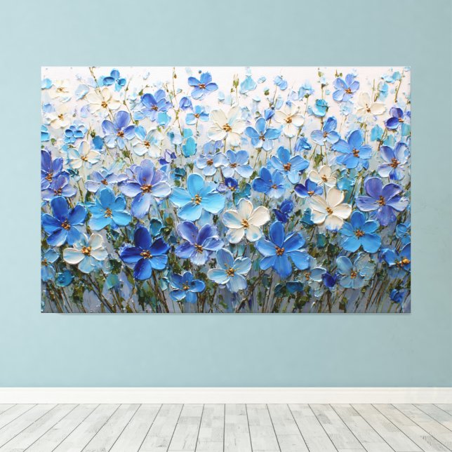 Blue and White Floral Textured Painting – Abstract Canvastryck (Insitu (trägolv))