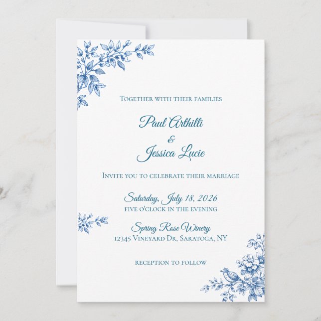 Blue and White Floral Wedding Invitation Inbjudningar (Framsida)