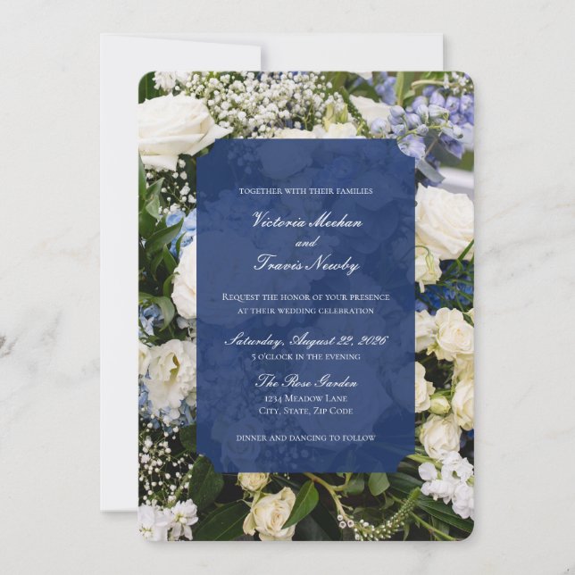 blue and white floral wedding invitation inbjudningar (Framsida)