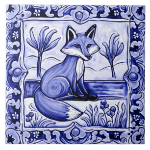 Blue and White Fox Mediterranean FolAnimal Art Kakelplatta