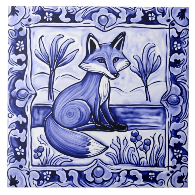 Blue and White Fox Mediterranean FolAnimal Art Kakelplatta (Framsidan)