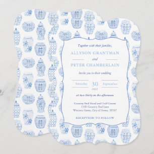 Blue and White Ginger Burk Chinoiserie Bröllop Inbjudningar