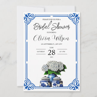 Blue and White Ginger Burk Inbjudningskort för möh