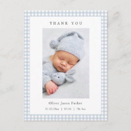 Blue and white Gingham Baby Boy Birth Announcement Vykort