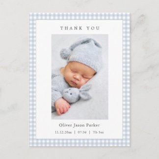 Blue and white Gingham Baby Boy Birth Announcement Vykort