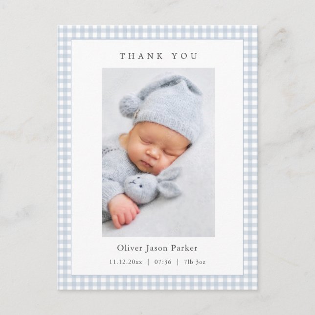Blue and white Gingham Baby Boy Birth Announcement Vykort (Framsida)