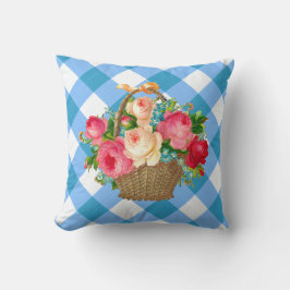 Blue and White Gingham Blommigt Vintage Land Kudde