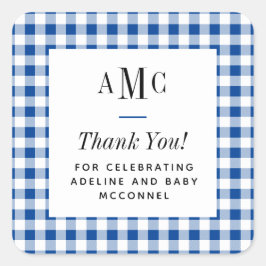 Blue and White Gingham Monogram Tack Fyrkantigt Klistermärke