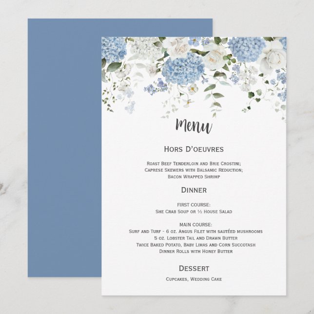 Blue and White Hydrangeas White Roses Wedding Menu Inbjudningar (Fram/baksida)