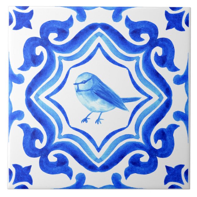 Blue and white Italian Hand Painted Mediterranean  Kakelplatta (Framsidan)
