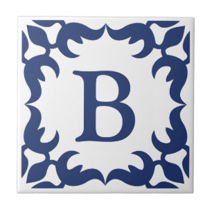 Blue and White Jade Rulla Ram Monogram Kakelplatta
