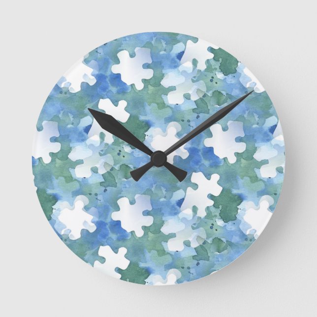Blue and White Jigszawa Puzzle Biet Clock Rund Klocka (Framsida)