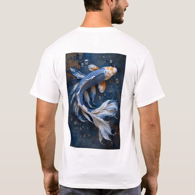 Blue and White Koi Fish Zen Pond T-Shirt (Baksida)