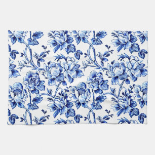 Blue and White Magnolias Toile de Jouy Kökshandduk