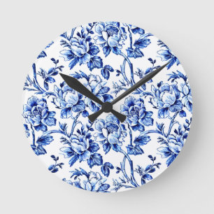 Blue and White Magnolias Toile de Jouy Rund Klocka