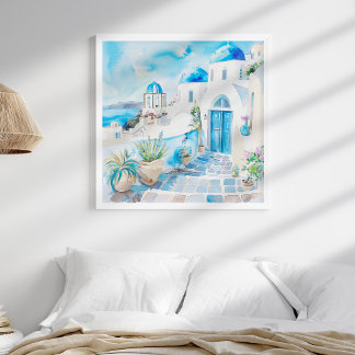 Blue and White Mediterranean Santorini Travel Art Poster