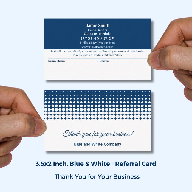Blue and White Modern Combo Thank You & Rabattkort (Blue and White Modern Combo Thank You & Referral Card; Size: 3.5x2 Inch)