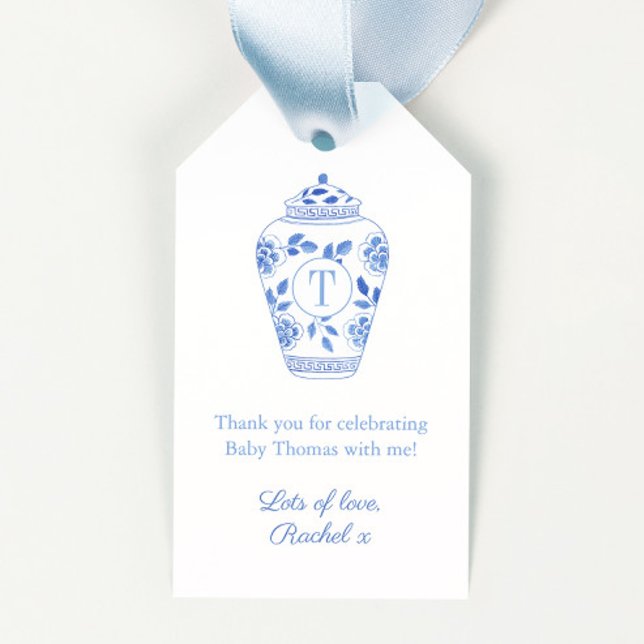 Blue and White Monogram Ginger Burk Baby Shower Presentetikett (Elegant blue and white watercolor Ginger Jar with monogram baby shower favor tags)