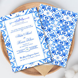 Blue and White Moroccan Mönster Islamic Bröllop Inbjudningar