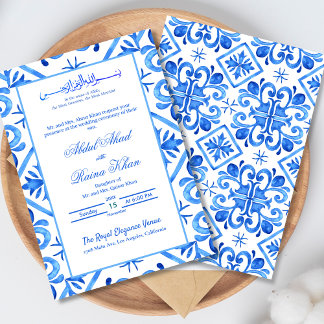 Blue and White Moroccan Mönster Islamic Bröllop Inbjudningar