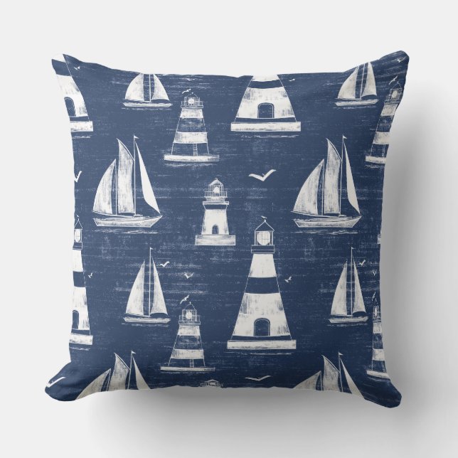 Blue and White Nautical Lighthouse Dekorativ kudde (Framsida)