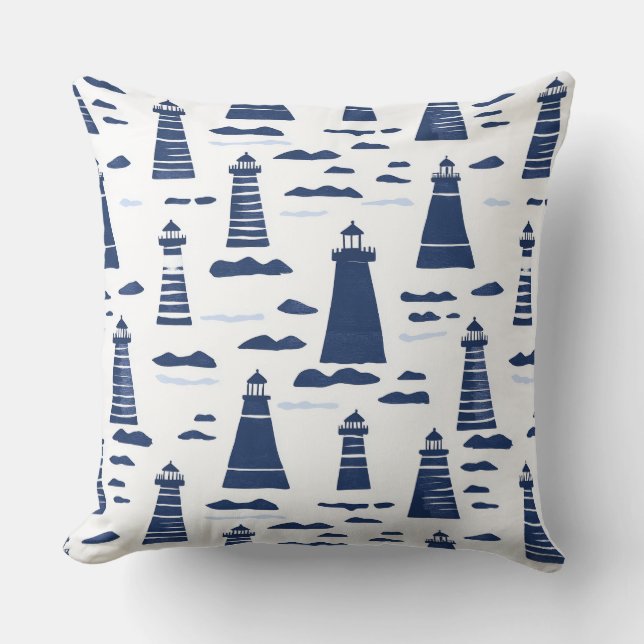 Blue and White Nautical Lighthouse Dekorativ kudde (Framsida)