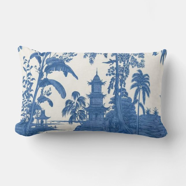 Blue and White Oriental Chinoiserie Lumbarkudde (Framsida)