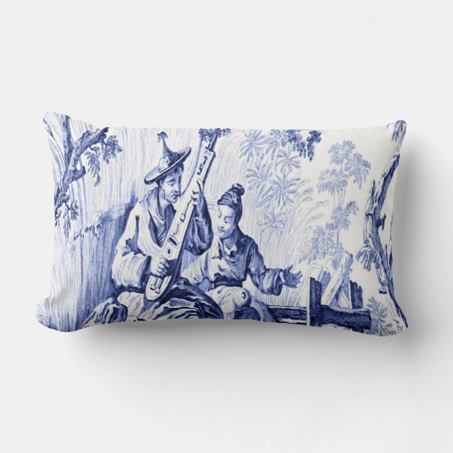 Blue and White Oriental Chinoiserie Lumbarkudde (Framsida)