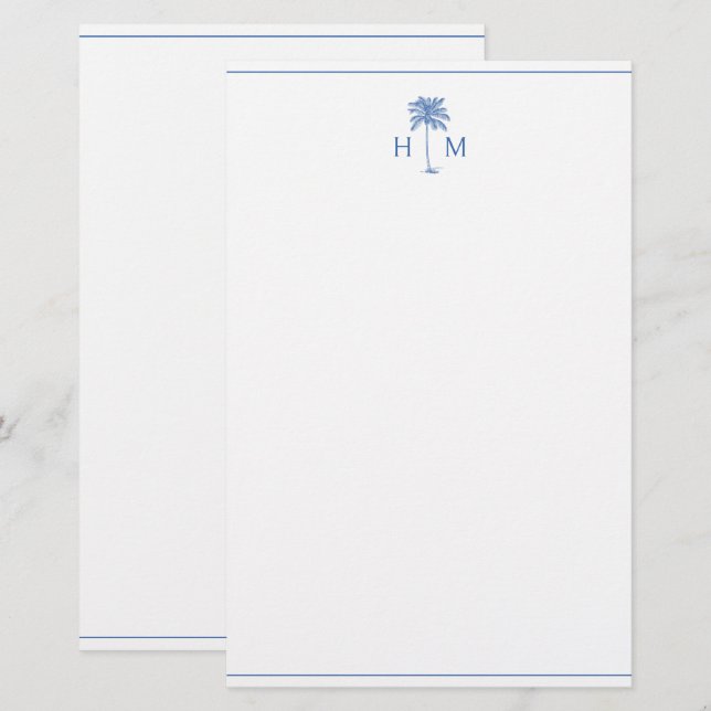 Blue and White Palm Palmetto Tree Monogram Brevpapper (Fram/baksida)