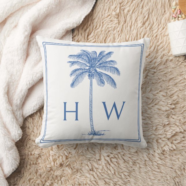 Blue and White Palm Palmetto Tree Monogram Kudde (Filt)