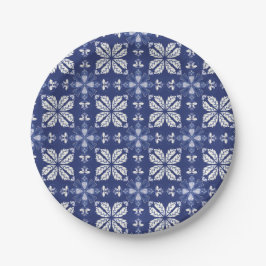 Blue and white paper plate with intricate floral
