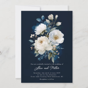 Blue and White Peony Bröllop Inbjudningar