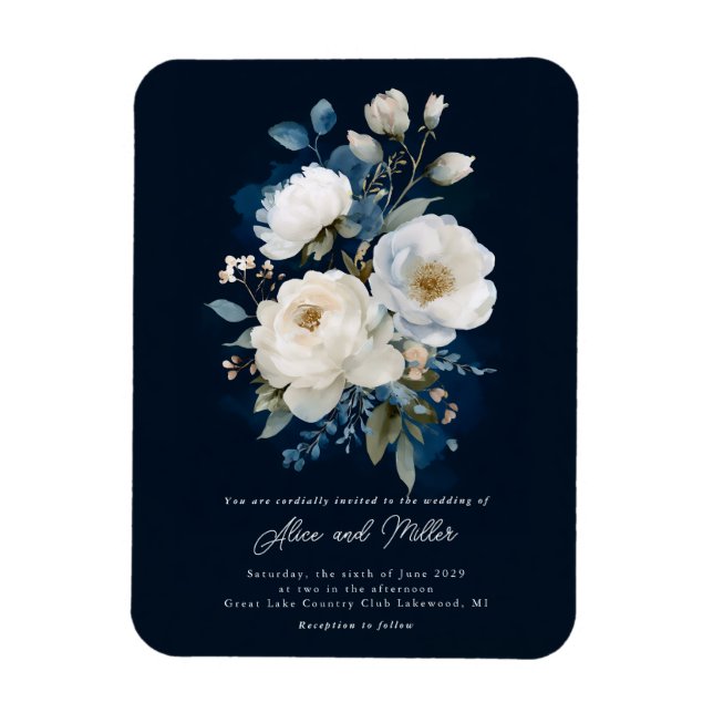 Blue and White Peony Bröllop Magnet (Vertikal)