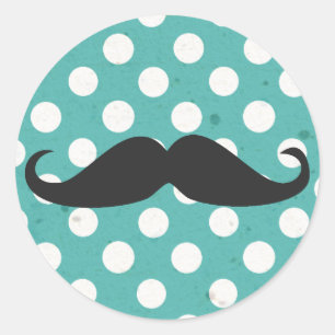 Blue and White Polka Dot Mustache Runt Klistermärke
