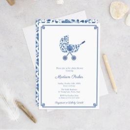 Blue and White Pram Chinoiserie Chic Baby Shower Inbjudningar