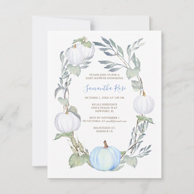 Blue and WHITE PUMPKIN Greenery BABY Shower Inbjud Inbjudningar (Framsida)
