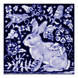 Blue and White Rabbit Poster Blommigt Dedham Indig Perfect Poster