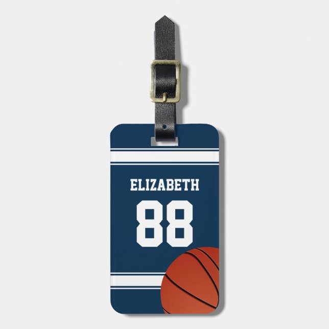 Blue and White Rand Basketball Jersey Bagagebricka (Vertikal Framsida)