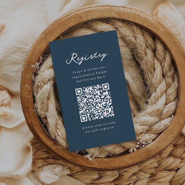 Blue and White Registry Baby Shower Tilläggskort (Chic navy blue Baby Shower registry QR cod enclosure card.)
