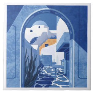 Blue and White Santorini Mediterranean Azulejo Kakelplatta