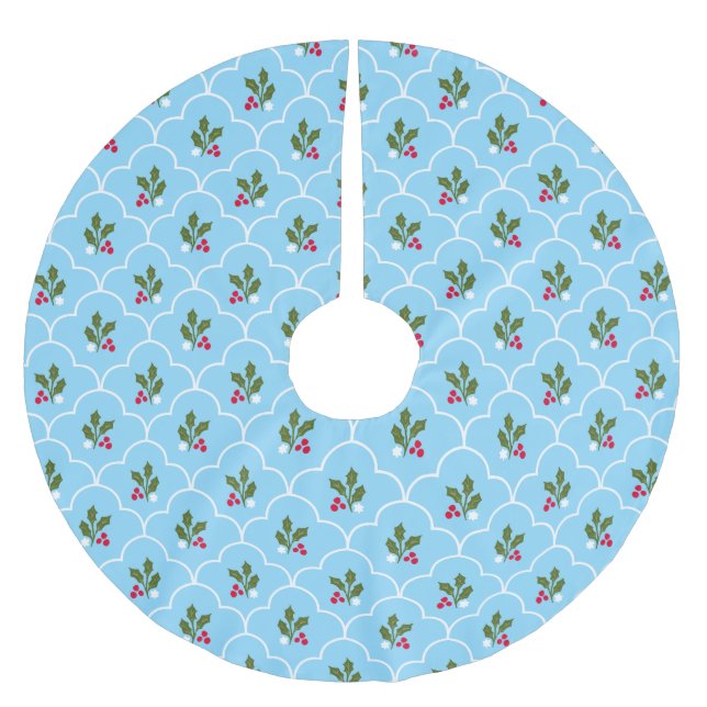 Blue and White Scallop Holly Berry jul Julgransmatta Borstad Polyester (Framsidan)