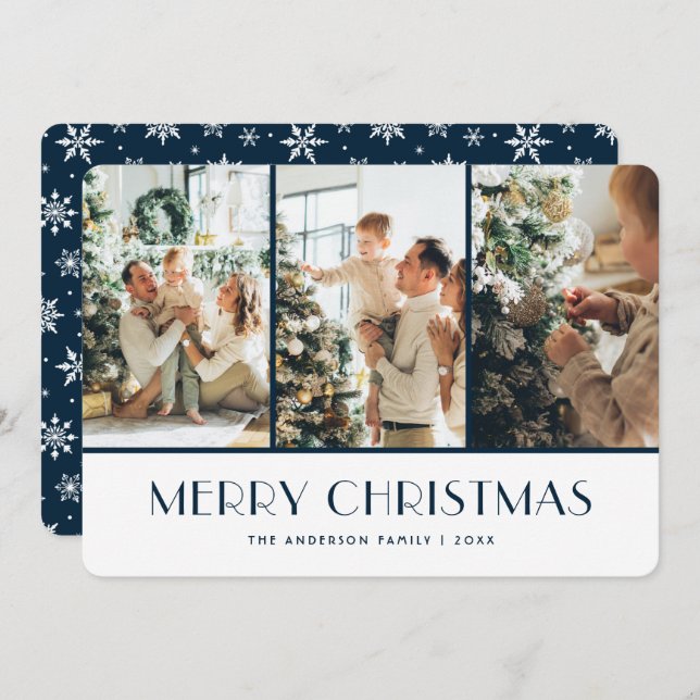 Blue  and White Snowflakes Photo Christmas Card Julkort (Fram/baksida)