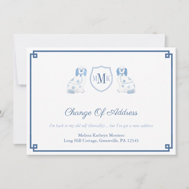 Blue and White Stafford Hundar Monogram Flytta Meddelande (Framsida)