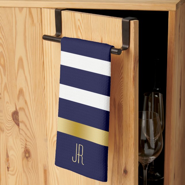 Blue and white stripes pattern gold accents kökshandduk (Thirds Fold)