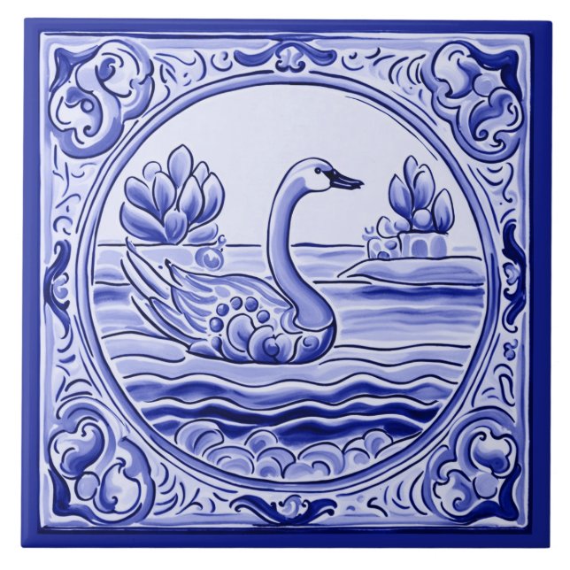 Blue and White Svan Goose Mediterranean FolArt Kakelplatta (Framsidan)
