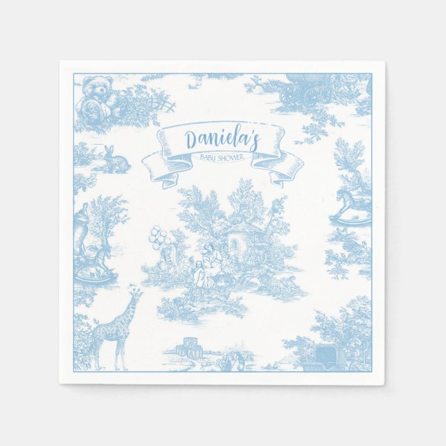 Blue and White Toile de Jouy Baby Shower Pappersservett (Framsidan)